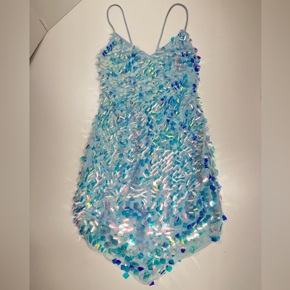 Blondie Nites Sequin Pointed Hem Mini Dress White Blue New With TagS Size 1 XS - Picture 2 of 14